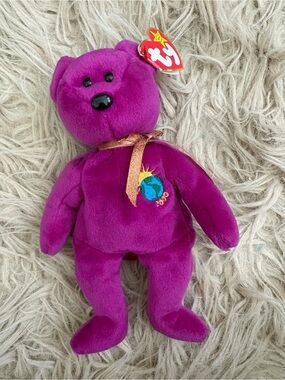 Ty Plush Bear - Magenta with Gold Ribbon